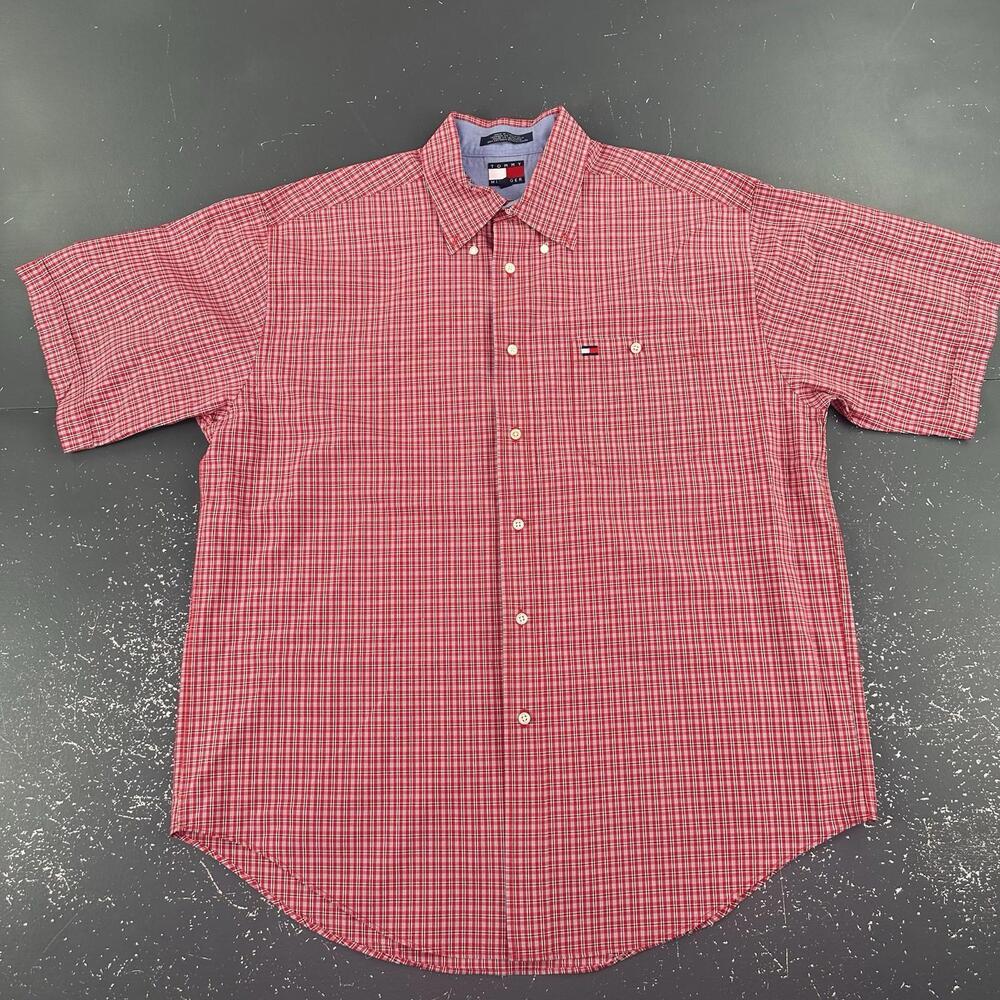 VTG Tommy Hilfiger Dress Shirt Mens Large Micro Check Red Black  Short Sleeve - Picture 3 of 6